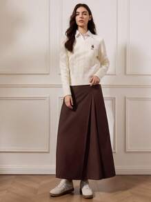 Briarwyn 女士简约优雅褶皱 A 字纯棕色半身裙，夏季复古风格女士商务休闲女装工作服 - 鏽棕色 - 查看 6