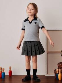 PrepCrw Young Girl Academia Style Color Block V-Neck Short Sleeve Polo Shirts,Summer Career Day Back-To-School Contrast Trim School Uniform Tops - Multicolor - View 3