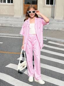 SHEIN 青少年女孩休闲时尚粉色和白色条纹蝴蝶结领宽松短袖衬衫和阔腿裤套装，返校，母子装 - 粉色 - 查看 2