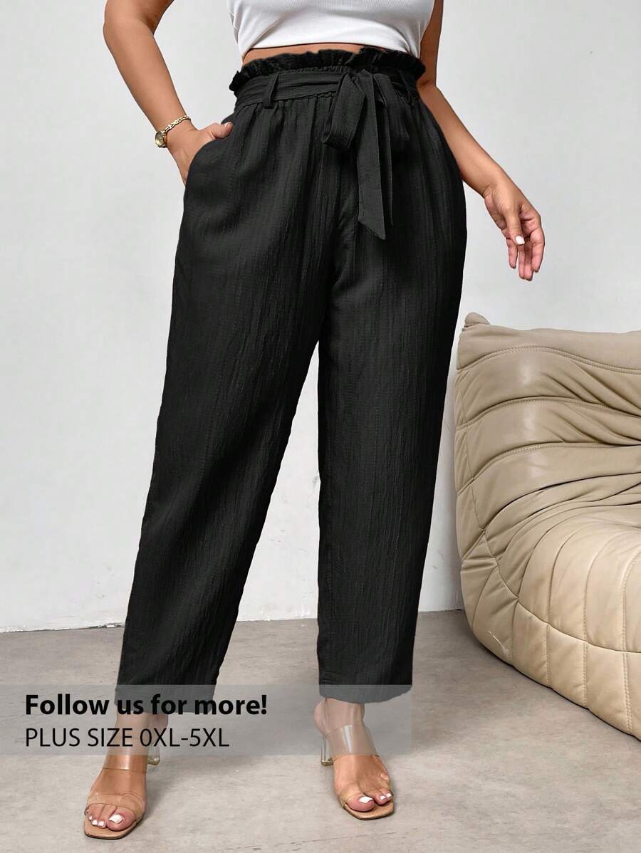 Firerie Plus Size Elegant Ruffle Edge Tie Waist Tapered Pocket Design Dress Pants Trousers For Work, Ankle Length Spring To Summer - Black - View 1