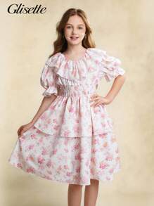Tween Girls Casual Elegant White Ditsy Floral Ruffled Hem Camisole Dress - Pink - View 6