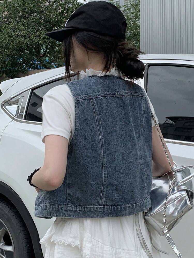 Women's Sleeveless Denim Top With Frill Trim Detail