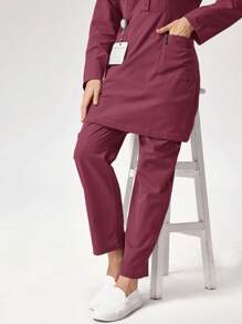 TaskEZ Plain Color Half-Button Front Long Sleeve Pocket Patchwork /Nurse Scrub Uniform Set - Hot Pink - View 7