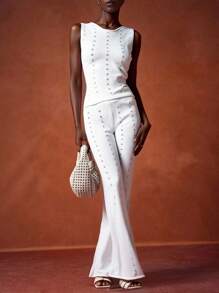 Zivah Nuevo conjunto de 2 piezas de estilo vacacional: top de punto cropped sin mangas con diseño calado y pantalones de pierna ancha de cintura alta en unicolor, estilizante, atuendo todo blanco para fiestas en otoño/invierno - Blanco - Ver 3