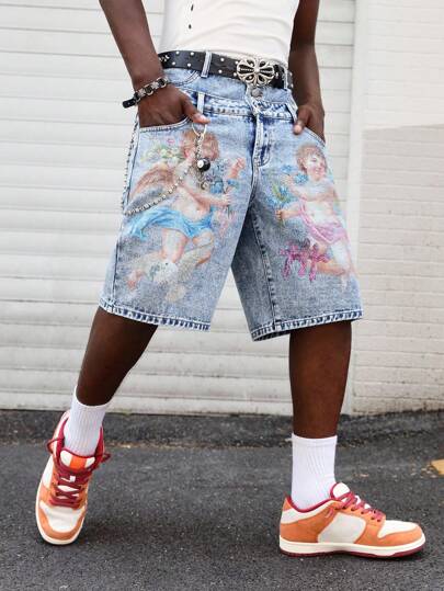 Street Life Men's Summer Casual Angel Print Denim Shorts With Double Waistband
