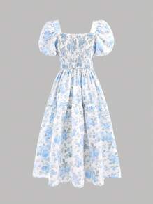 SHEIN Vestido casual de manga corta con cuello cuadrado y estampado floral disperso para niña preadolescente