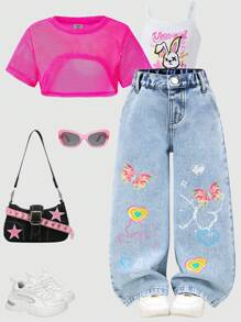 Quần jean denim cho bé gái, kiểu dáng thường ngày, thiết kế cá tính, họa tiết bướm và trái tim dễ thương, cạp trung, dáng rộng, ống thẳng, màu xanh dương, phong cách đường phố. - Rửa nhẹ - Xem 5
