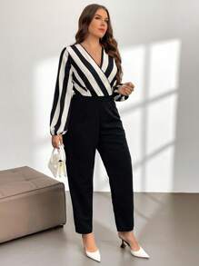 Firerie Plus Block Striped Surplice Neck Lantern Sleeve Jumpsuit