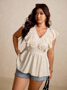 Elaquor Áo cánh cổ chữ V thiết kế hoa thời trang cỡ lớn cho nữ, thích hợp cho kỳ nghỉ, đi làm - trắng - Xem 3