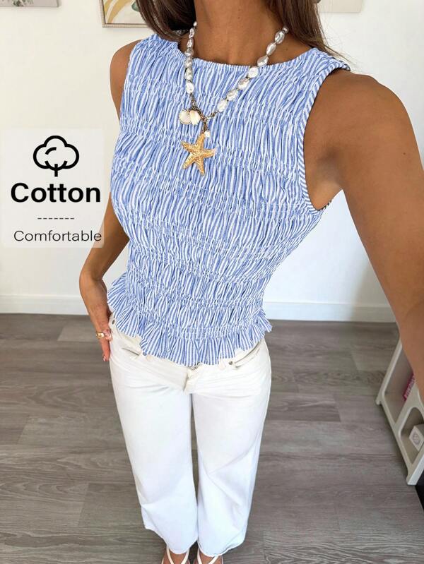 Siren Gaze Women's Summer Casual Stripe Print Scoop Neck Slim Fit Tank Top Cotton Top Cotton Blouses Blue And White Top Vacation Outfits Woman Slim Fit Costal Clothes Women