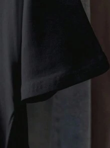 SHEIN 夏季大码休闲纯色圆领短袖T恤 - 黑色 - 查看 3