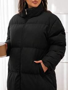 EURMUSE Women's Solid Color Stand Collar Long Warm Padded Coat, Winter Outwear, Plus Size - Black - View 6