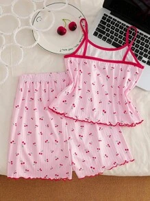 2pcs Tween GirlsCherry Print Camisole And Shorts Comfortable Pajama Set,Children's Girls' Pajamas,Contrast Cherry Textured Fabric Suspenders Set,Back To School - Pink - View 2