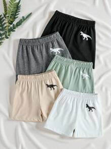 SHEIN Vintaside Kids 5 件装男婴恐龙印花纯色柔软针织短裤，适合男孩和女孩，适合夏季日常、户外、学校、度假、休闲风格、家庭休闲、运动装