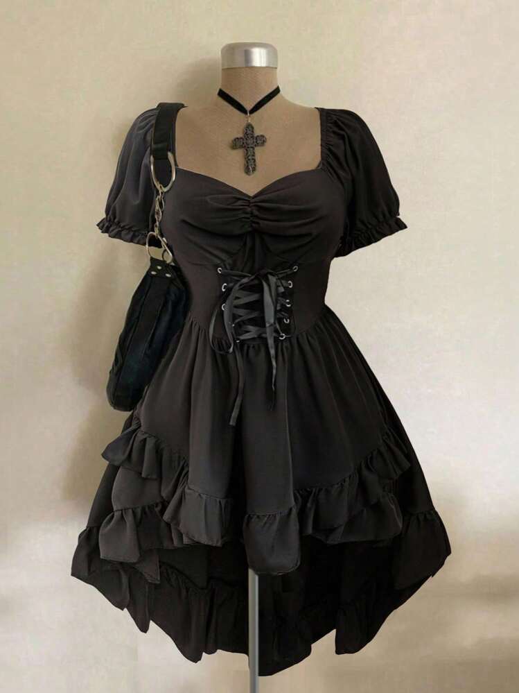 Flirla Plus Size Halloween Lace Up Front Rave Dresses - Black - View 1