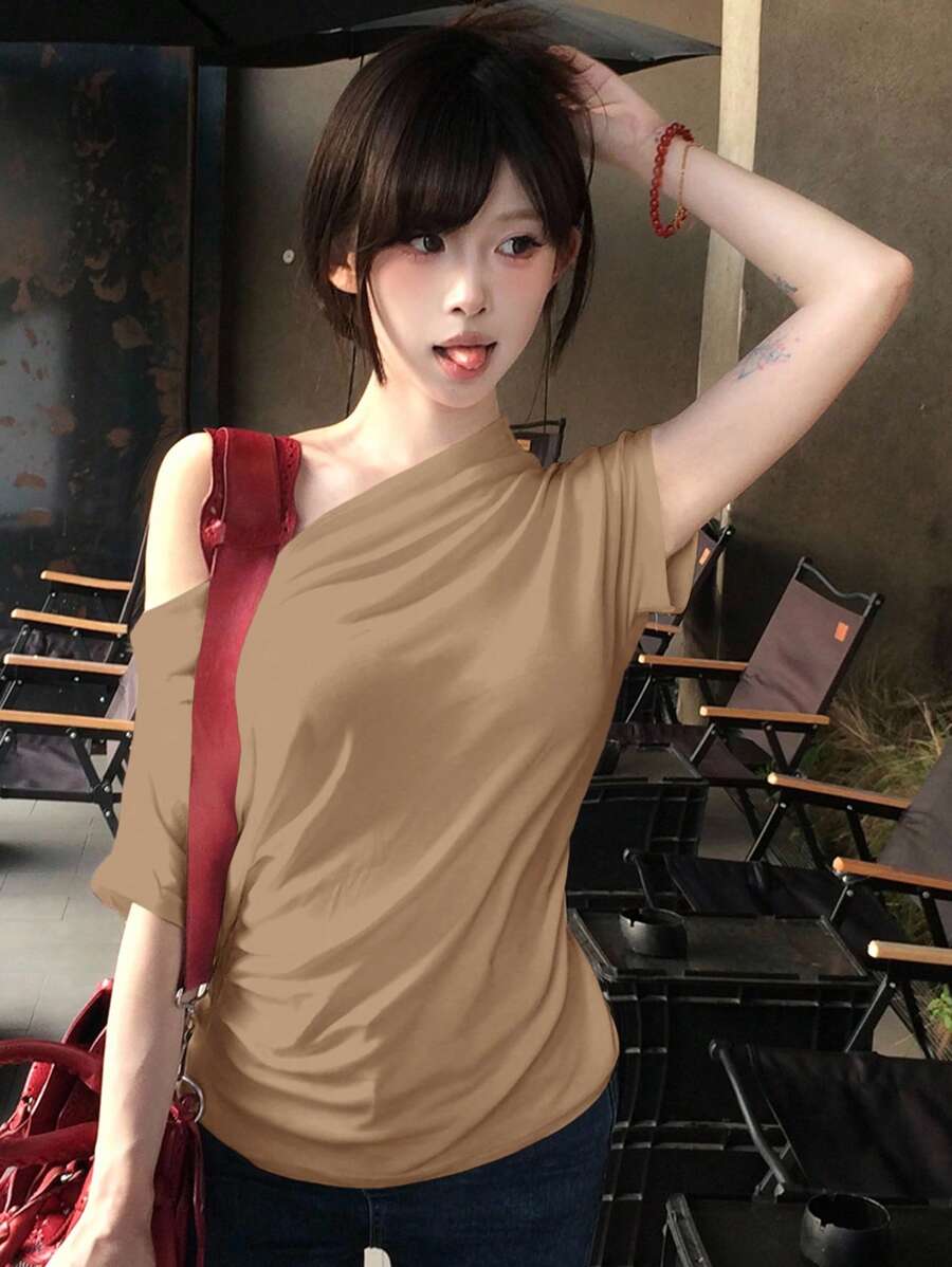 DAZY Soft Solid Color Asymmetrical Neckline Versatile Chic Off-Shoulder Top, Women T-Shirt - Khaki - View 1