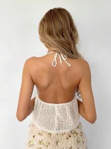 SHEIN ICON Summer Sexy Solid Color Hollow-Out Backless Halter Knit Crop Top