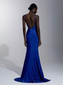 Elitara Elegante, romântico, sexy, azul-marinho, malha elástica, sem alças, babados, decote drapeado, cintura marcada, fivela de metal plissada, cauda removível, cauda de peixe, fenda frontal, vestido de noite para feriados, festas de aniversário, encontros, férias, casamentos, galas, jantares formais - Azul Real - Ver 2