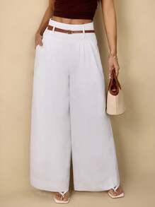 SHEIN PETITE Quần ống rộng dệt sọc dành cho nữ - màu xanh lá - Xem 1