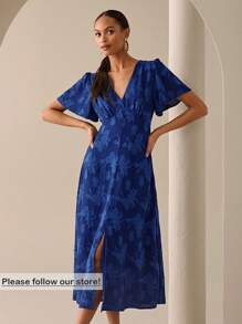 Lilora Váy midi tay bèo cổ chữ V họa tiết hoa jacquard dành cho nữ, thanh lịch mùa xuân/hè - Màu xanh hải quân - Xem 6