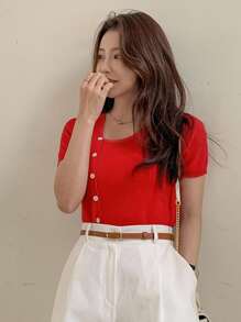 DAZY Women's Solid Color Asymmetric Neck Button Design Casual Knit Top, Short Sleeve - Red - View 2