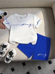 2pcs Toddler Boys King Graphic Print Round Neck Short Sleeve White T-Shirt And Blue Shorts Casual Outfit Set - Multicolor - View 3