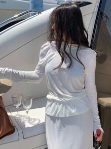DAZY Women's Solid Color Draped Backless Casual Long Sleeve T-Shirt, Summer Cruise For Women - White - View 3