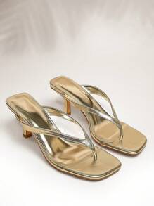 SHUZIA Women's Fashion Daily Versatile Thong Slip-On Heeled Sandals For Christmas Valentine's Day - Gold - View 4