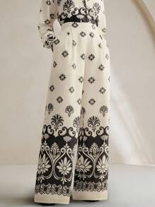 Anewsta Vintage Niche Black Asymmetric Print High Waist Loose Wide-Leg Pants