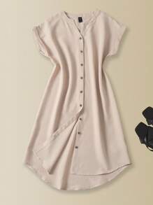 EMERY ROSE Women's Solid Color Buttonless Short Sleeve Casual Short Dress - Khaki - View 5