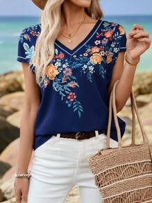 EMERY ROSE Camisa informal de mujer con cuello en V, manga corta y estampado, color azul