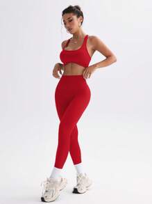 Gameset SHEIN Sport 2 件女式纯色后系带吊带背心和紧身裤运动套装，休闲运动装健身套装，适合中国新年瑜伽服瑜伽服瑜伽服健身女士套装 - 紅色 - 查看 5