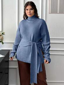 SHEIN Cottnline Plus Turtle-Neck Tie-Up Detailed Sweater With Rib Knit Detailed - Blue - View 3