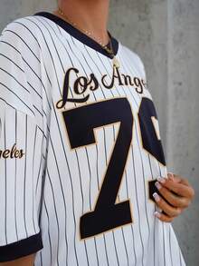 SAYEHFBABY Women's Sporty Letter & Numeric Print Striped Raglan Loose Ringer T-Shirt, Summer Graphic Tees Women Tops - Multicolor - View 3