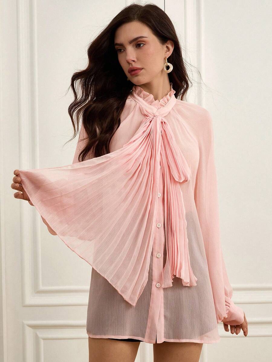 GENKIRA Elegant Chiffon Ruched Loose Collar Women Shirt With Bowknot Design, Sophisticated Style, Suitable For Work, Long Sleeve Fall Cloth For Women - Yellow - View 1