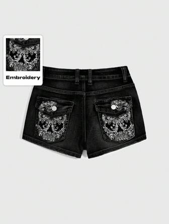 Grunge Punk Shorts vaqueros de talla grande para mujer, con bolsillo con solapa bordado, estilo casual y chic para la calle, para el verano