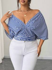 Elenzga 加大码蓝色条纹无袖衬衫裙，收腰设计，百搭优雅 - 藍色 - 查看 3