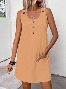 EMERY ROSE 女式夏季纽扣前口袋圆领无袖休闲连衣裙 - 橘色 - 查看 3