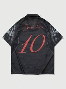 ROMWE MEN Street Life Camisa polo de manga corta con diseño vintage americano de Nuestra Señora, estilo callejero para hombres - Negro - Ver 2