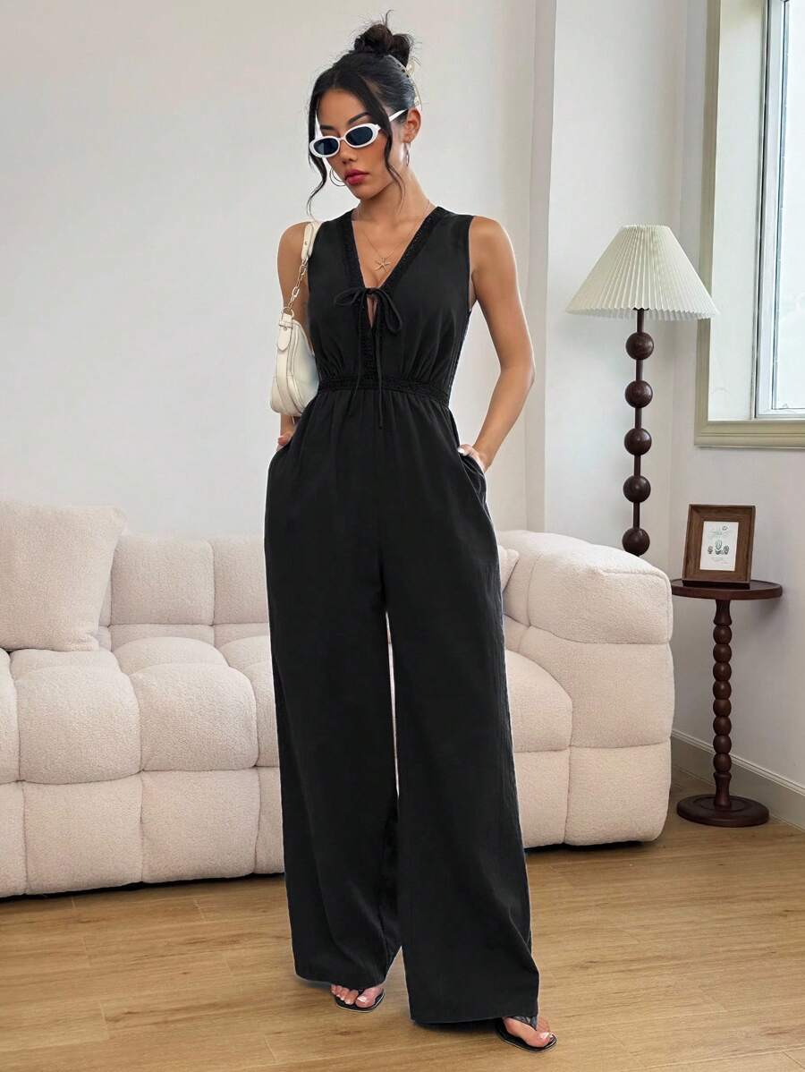 INAWLY Mono informal de verano de algodón con encaje en patchwork - Negro - Ver 1