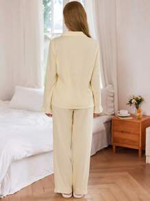 SHEIN Women's Plaid Button Front Long Sleeve Yellow Gingham Top & Pants Pajama Set, Sleepwear Pj Set, Fall Clothes  Cozy And Elegant Details