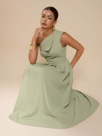 COSMINA Women's Elegant Solid Color Maxi One-Shoulder Dress, Summer Sage Green Dress One Shoulder Dress,Homecoming Dress