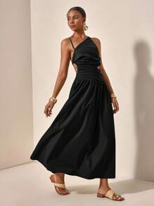 Zivah 新款不对称镂空交叉背带无袖连衣裙，休闲度假风格，春夏 - 黑色 - 查看 3