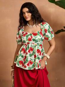 The White Lotus SHEIN VCAY Top Casual Boho com Decote Princesa, Manga Bufante e Estampa Floral Completa, para Mulheres Plus Size, Ideal para Férias, Vestidos Tropicais com Hibisco, Vestidos Havaiano, Blusas Fofas, Camisas de Professor, Aeroporto, Amarelo Manteiga, Férias, Volta às Aulas, Roupas de Outono, Grunge, Kawaii, Viagem, Casual - Multicolorido - Visão 7