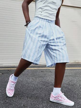 Prep Pantalones cortos holgados para hombre con cintura con cordón, bolsillos y rayas