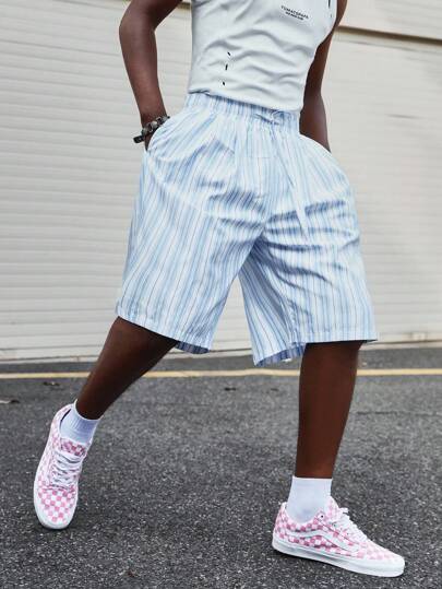 Prep Pantalones cortos holgados para hombre con cintura con cordón, bolsillos y rayas