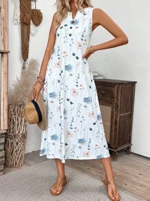 EMERY ROSE Women's Casual Sleeveless V-Neck Floral Print Maxi Dress For Holiday