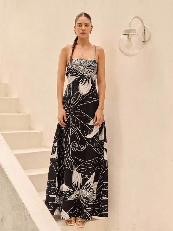 Sunsella Vestido midi ajustado con espalda descubierta y tirantes cruzados con estampado para mujeres en vacaciones y playa
