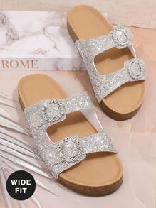 SHUZIA Wide Fit Women's Sparkling Rhinestone Double Buckle Open Toe Cork Platform Flat Glam Rhinestone Black Slides-Plus Size Comfort, Luxury,Sparkle. - Metallic Silver - View 9