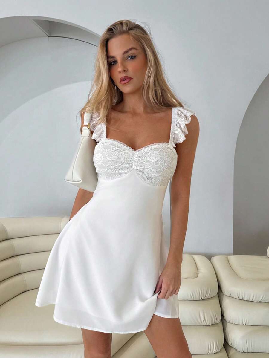 Roylia Vestido de fiesta elegante de estilo vintage para mujer con encaje y lazo, ajustado hasta la rodilla - Blanco - Ver 1